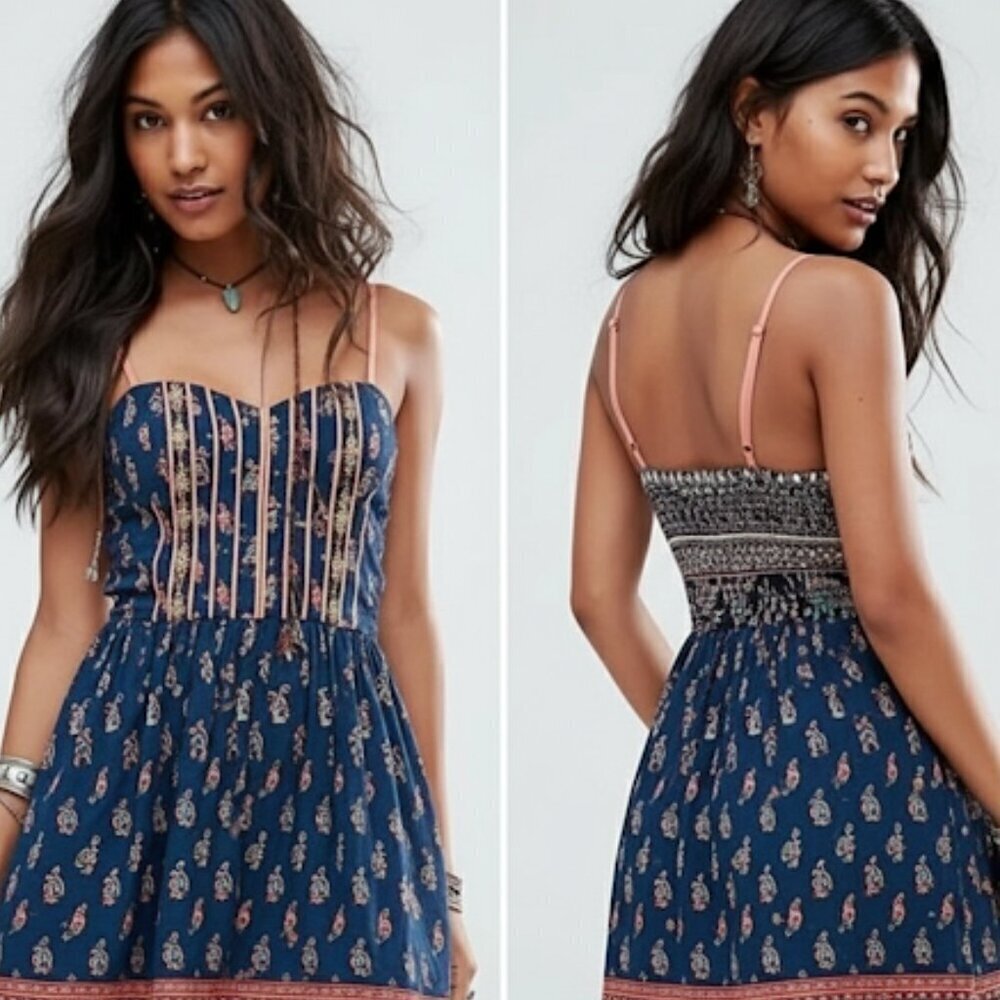 Anthropologie Band of Gypsies Mini Boho Bustier Corset Blue Paisley Dress size S